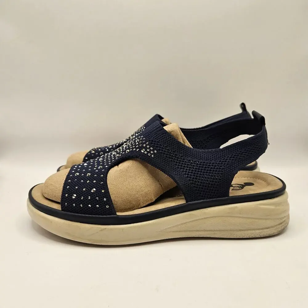 GC SHOES GOOD CHOICE WOMEN'S 6.5 STRETCH KNIT RHINESTONE SLINGBACK COMFORT NAVY